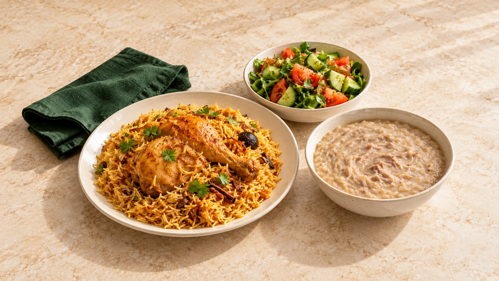Chicken machboos, a bowl of harees and a fresh cucumber and tomato salad on a beige table.